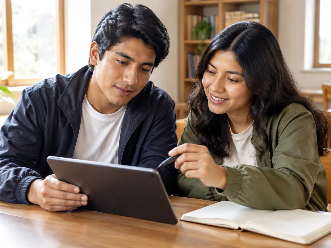 Dos personas revisando notas en una tablet sobre la mesa