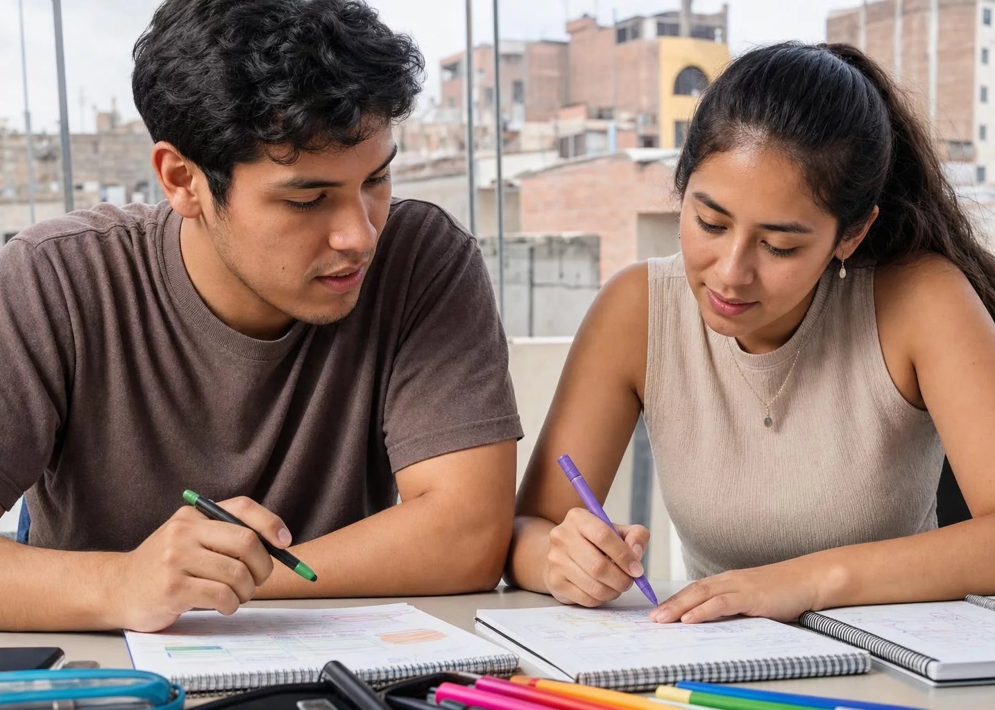 Dos participantes trabajando juntos con cuaderno y plumones