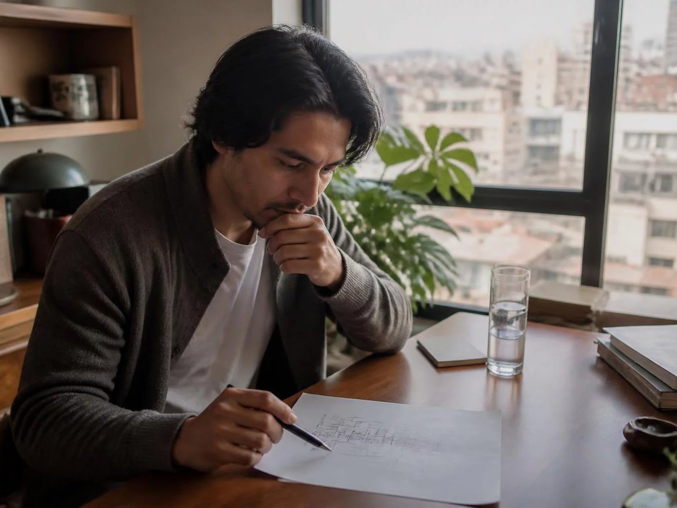 Escritorio visto desde arriba, con un esquema dibujado a mano